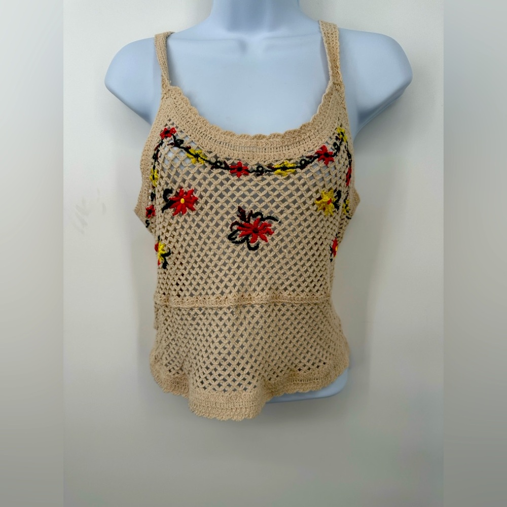 Rebellion Open‎ Knit Tank Womens M/L Ivory Cropped Boho Festival Hippie Casual